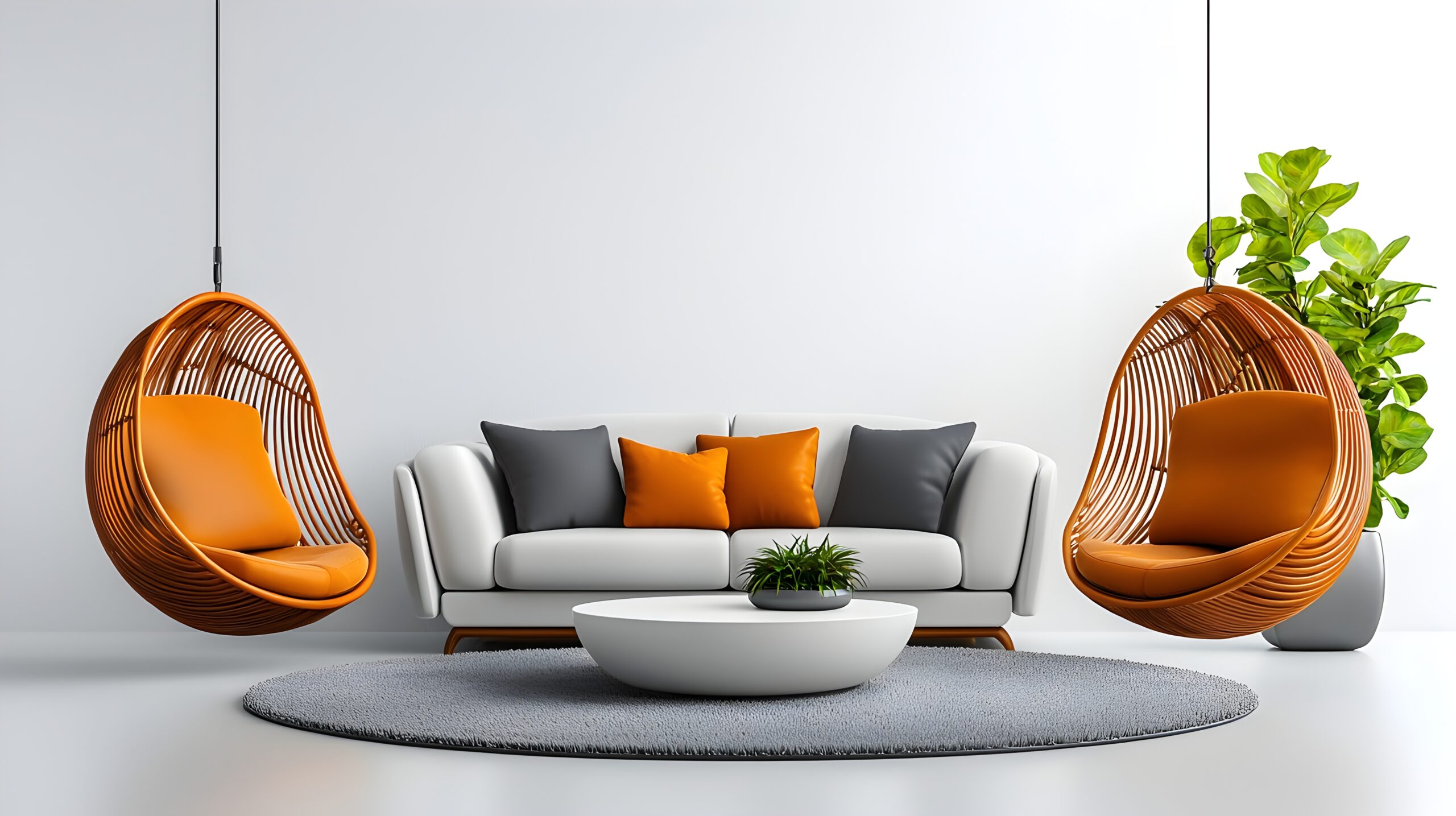 Elegant and Comfortable Luxury Living Room with Armchairs Sofa and Hanging Basket Chair on a White Background