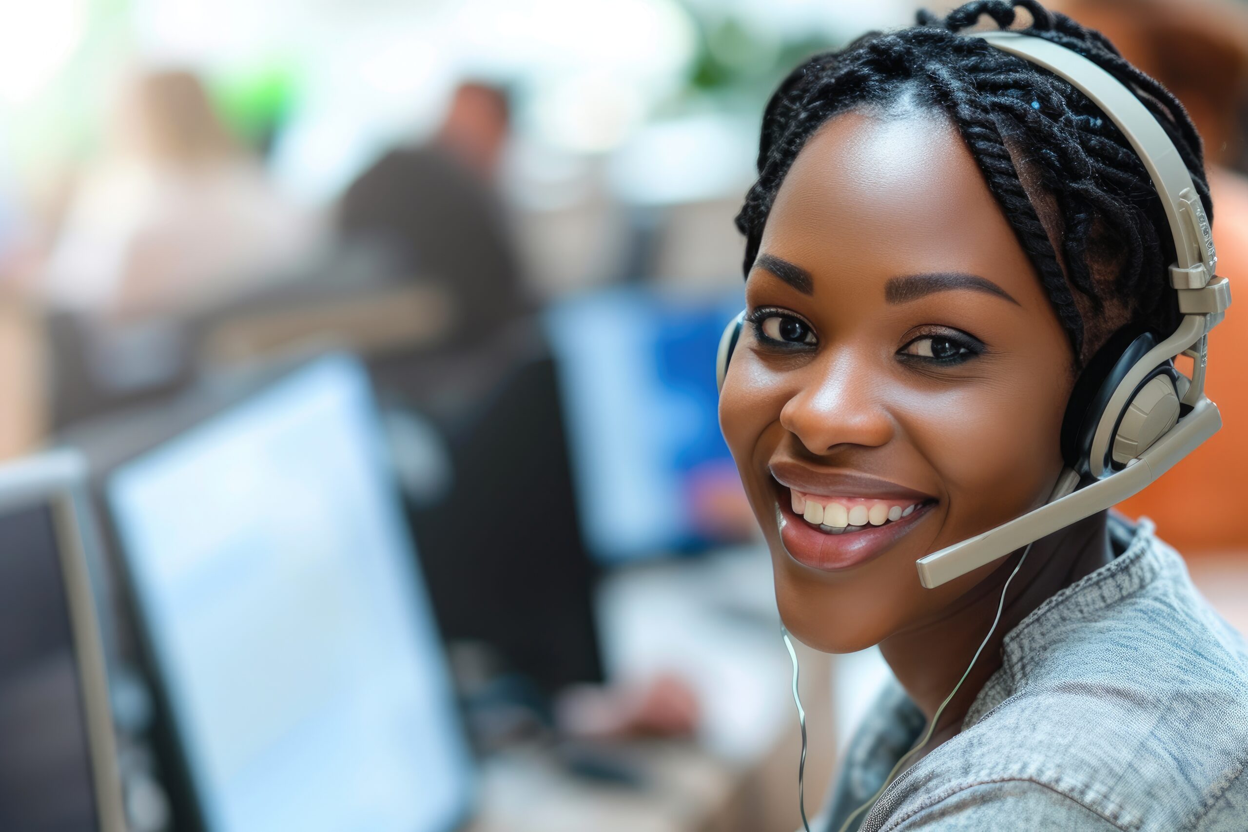 Smiling Woman with Headset in Call Center Environment