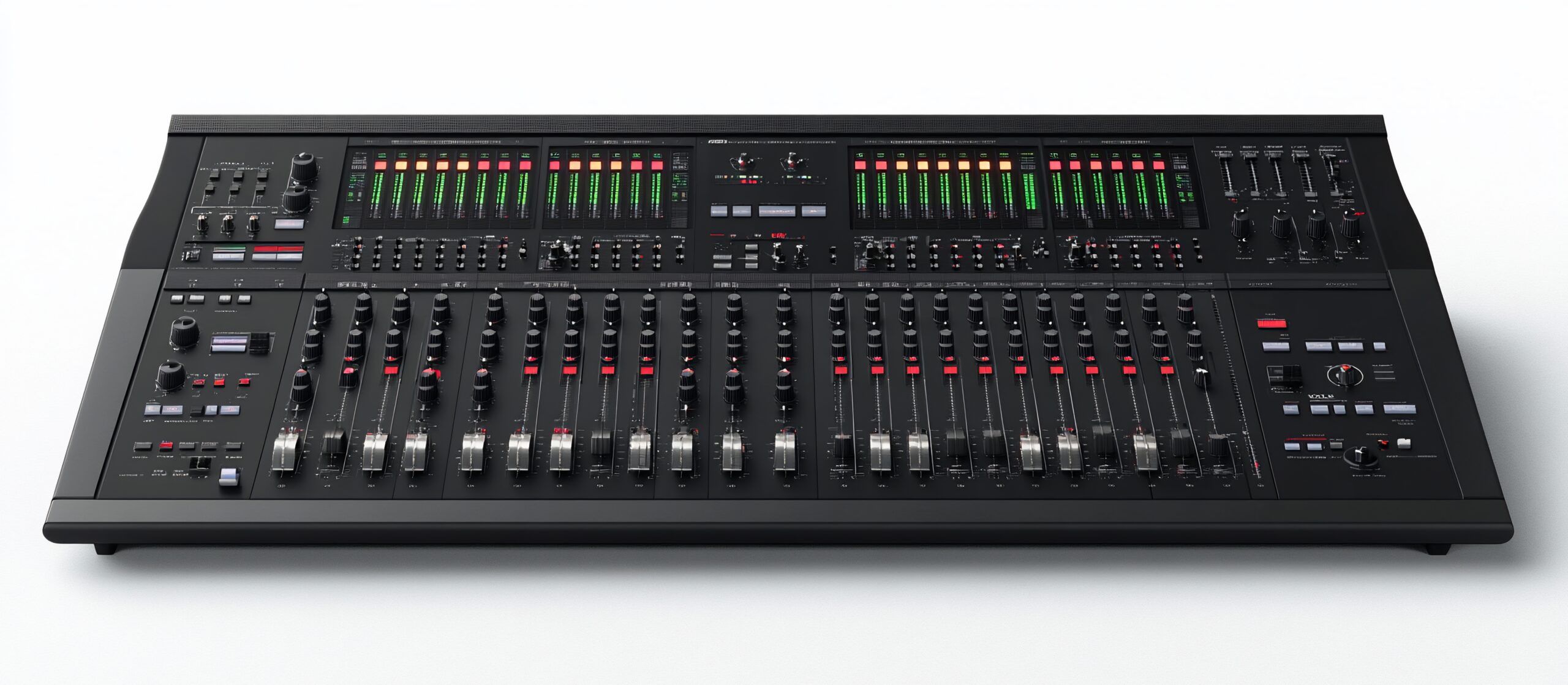 Black professional audio mixing console with many sliders and knobs.